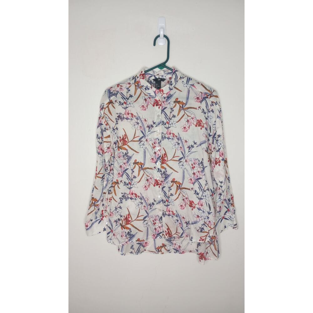 H & M Floral Hi-low Lightweight Beachy Vibe Long Sleeeve Button Front Shirt 4